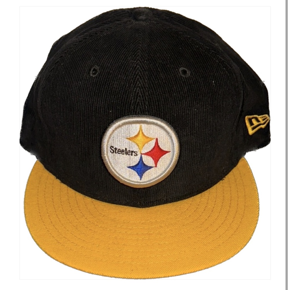 New Era Pittsburgh Steelers Corduroy NFL Fitted Hat 7 3/8 Black with Yellow Brim